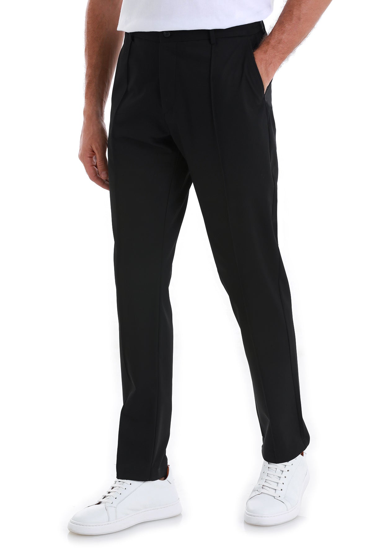 Black tailored trousers with a sleek, straight-leg cut and subtle pleats at the waistband.