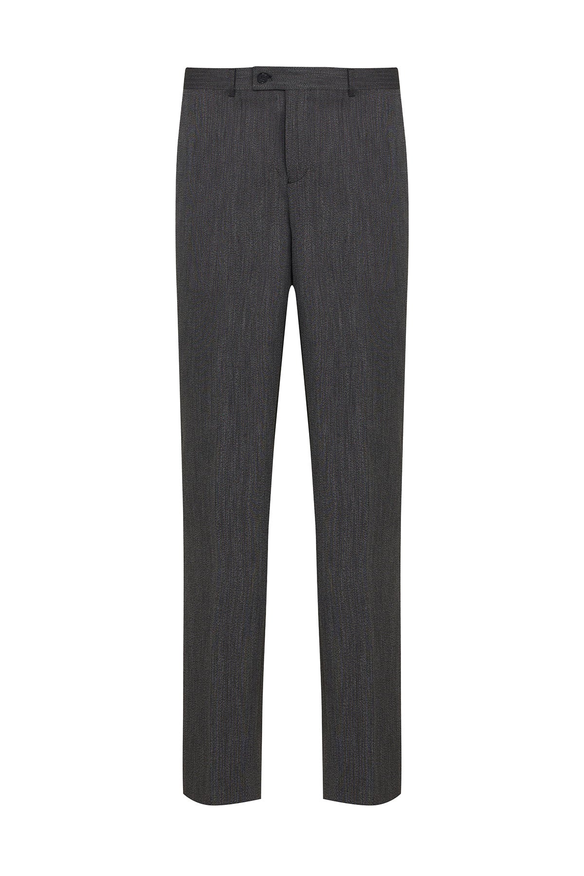 Dark gray wool trousers with a subtle herringbone weave and classic tailored fit.