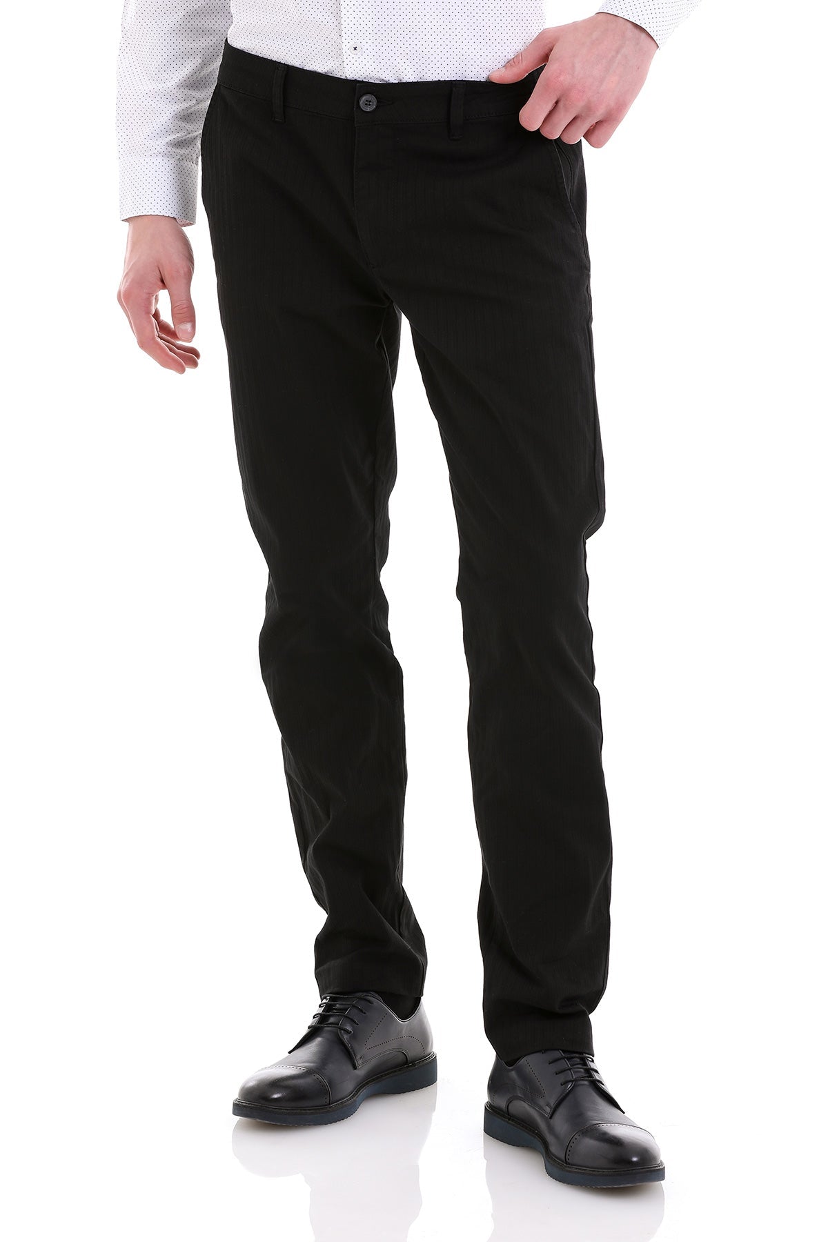 Black slim-fit chinos with a subtle texture and classic belt loop design.