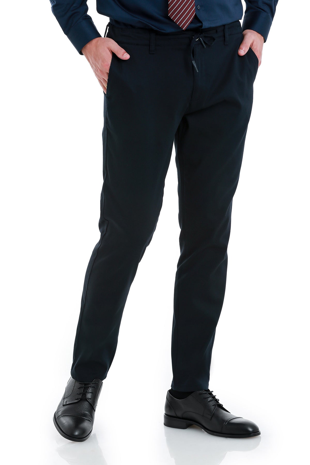 Black tailored trousers with a drawstring waistband.