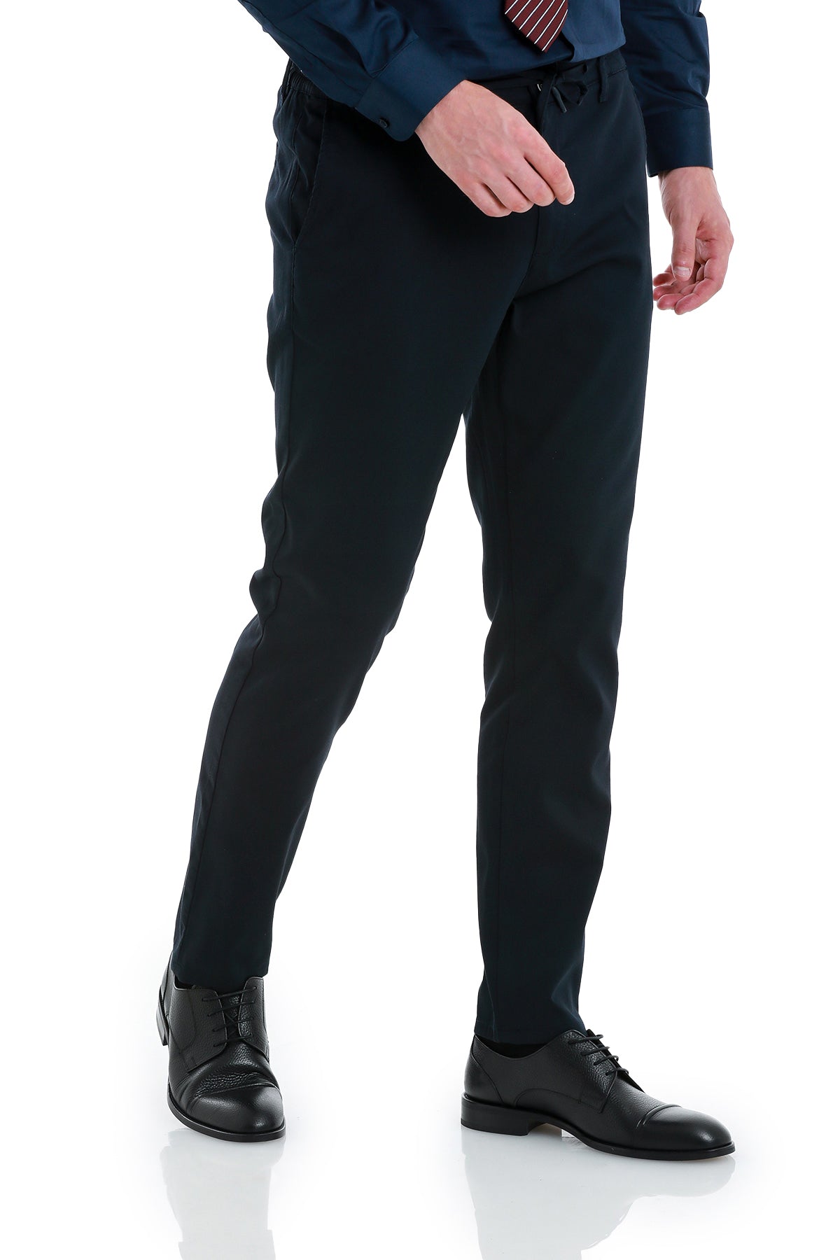 Black tailored trousers with a drawstring waistband.