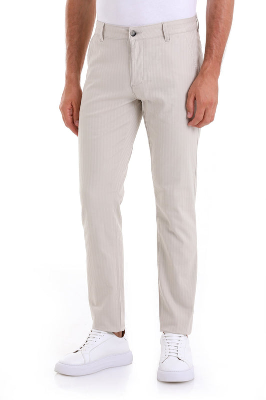 Beige chino trousers with a slim fit and subtle texture.