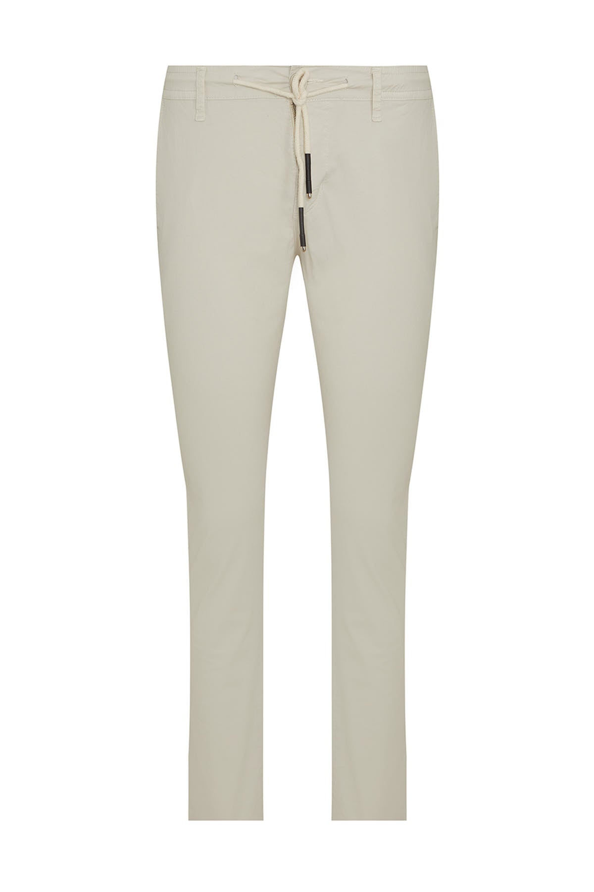 Beige tapered trousers with a drawstring waistband and black metal hardware.