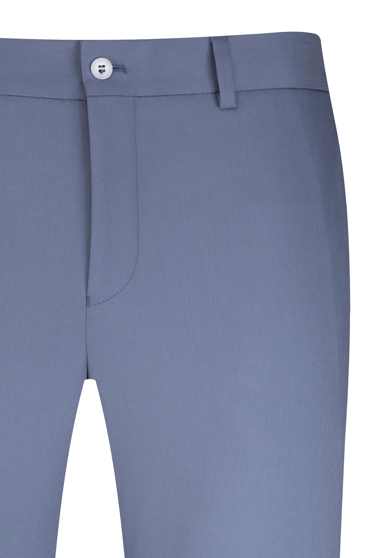 A pair of tailored light blue trousers with a clean, modern cut and a single white button at the waistband.