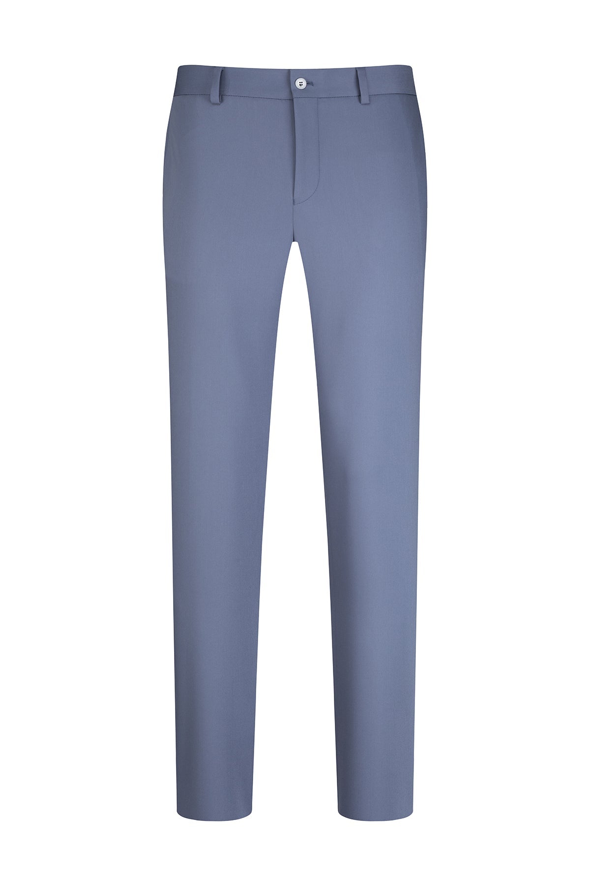 A pair of slim-fit, slate blue dress pants with a clean, tailored design and a single button closure at the waist.