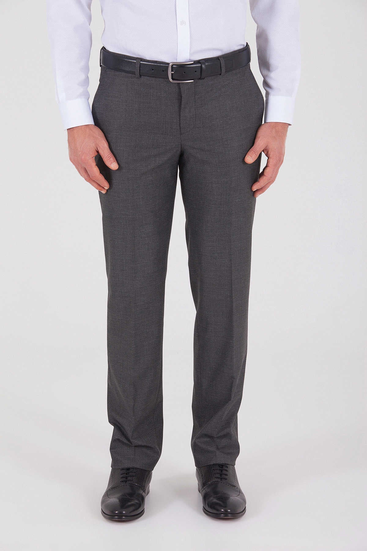 Dark gray textured wool suit pants with a subtle herringbone pattern and a classic tapered fit.