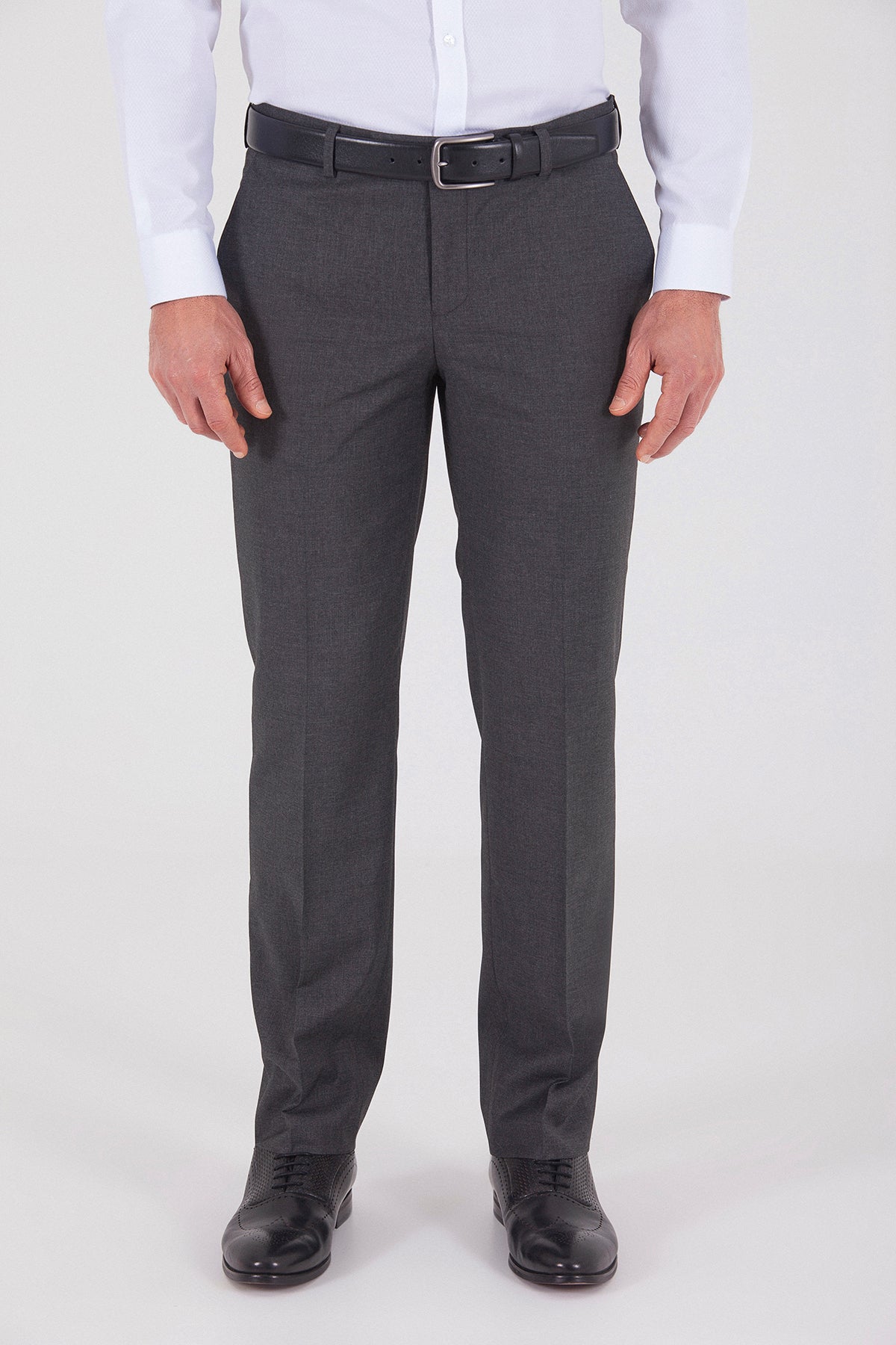 Dark gray tailored suit pants with a sleek, formal design and subtle texture.