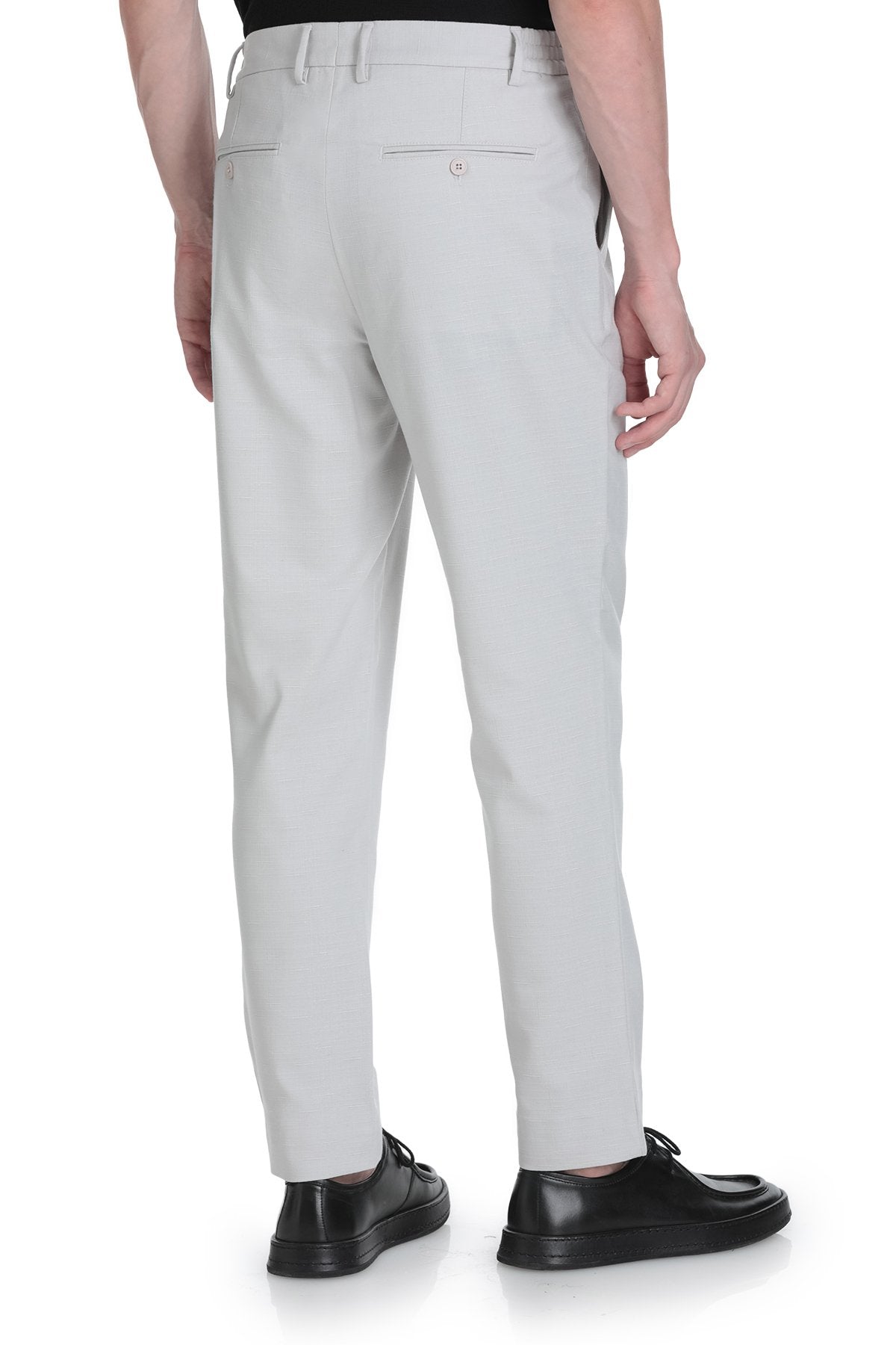 Light gray dynamic fit stone linen blend jogger pants with tailored cut and subtle stitching details