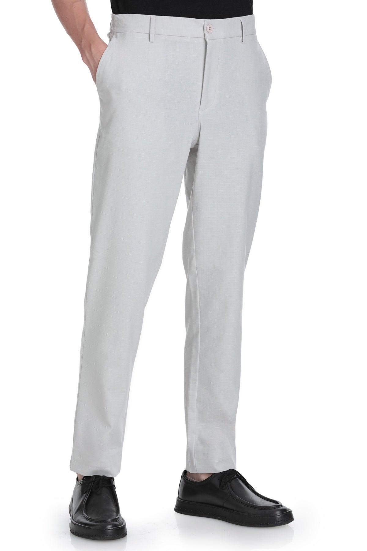 Light gray dynamic fit stone linen blend jogger pants with tailored cut and subtle creases for a modern fit