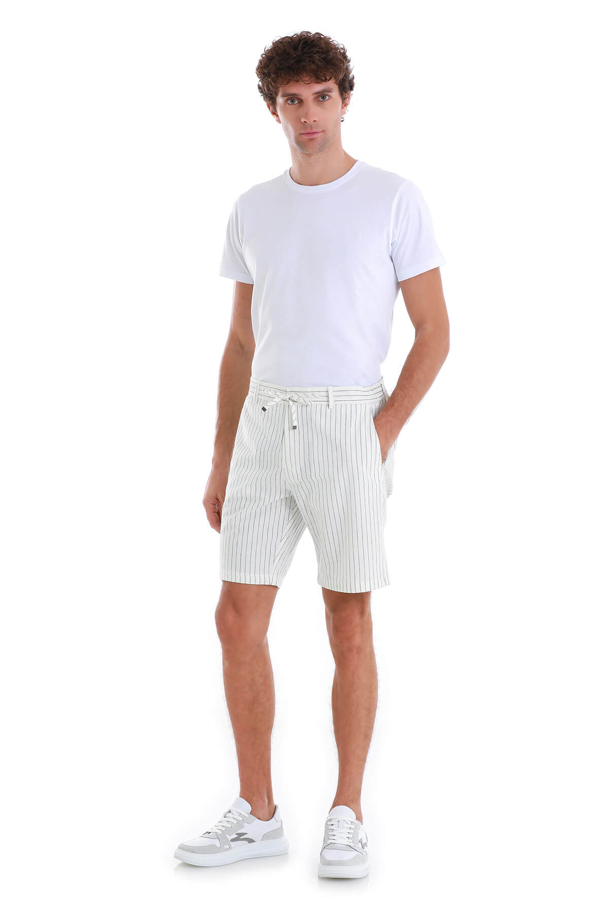 Dynamic Fit White Striped Linen-Blend Shorts - SAYKI
