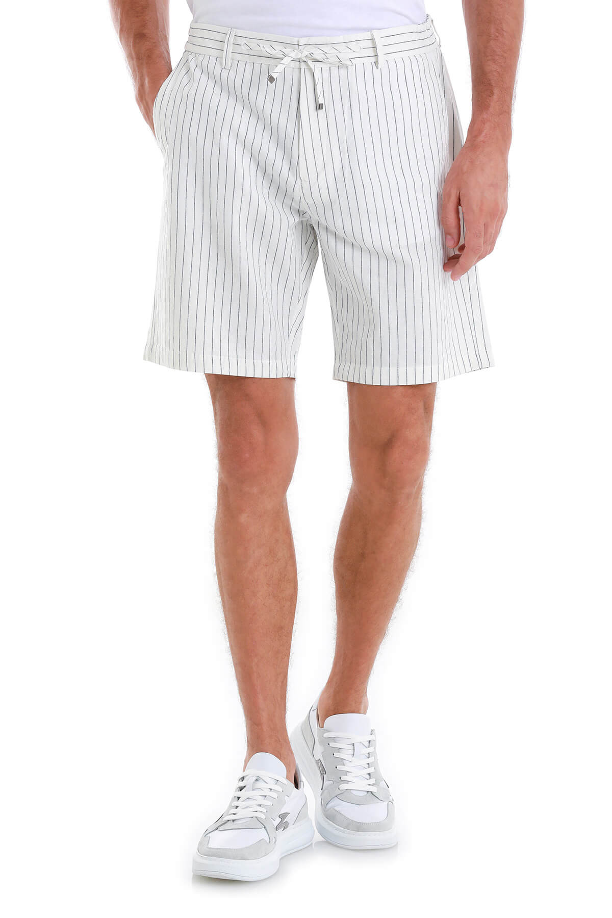 Dynamic Fit White Striped Linen-Blend Shorts - SAYKI