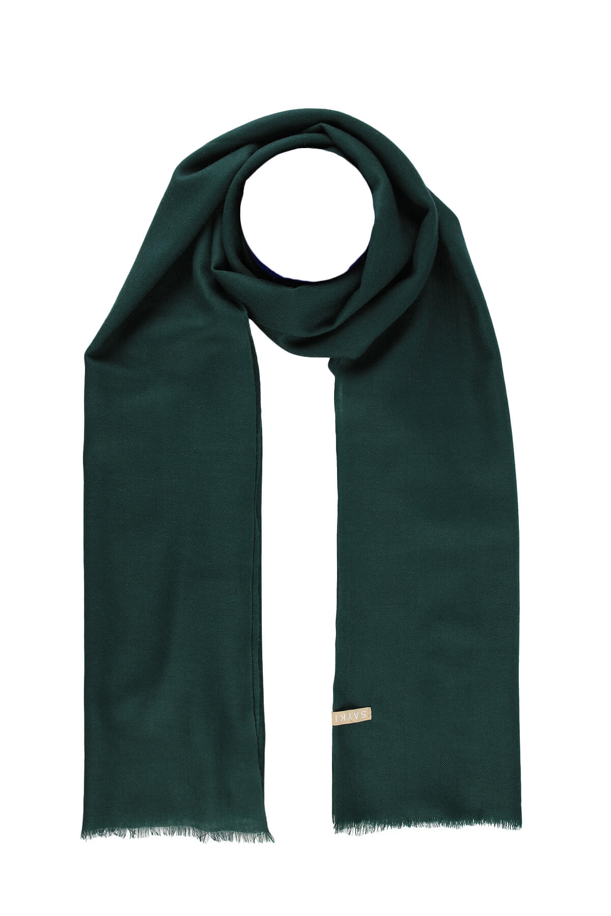 Deep green scarf with fringed edges and a subtle woven texture.