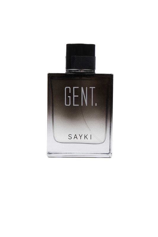 A sleek, rectangular glass bottle of sayki gent.