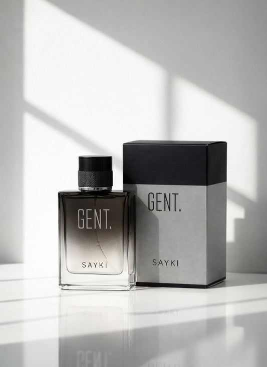 A sleek rectangular glass gent men’s eau perfume bottle with gradient dark to clear finish and black cap beside box