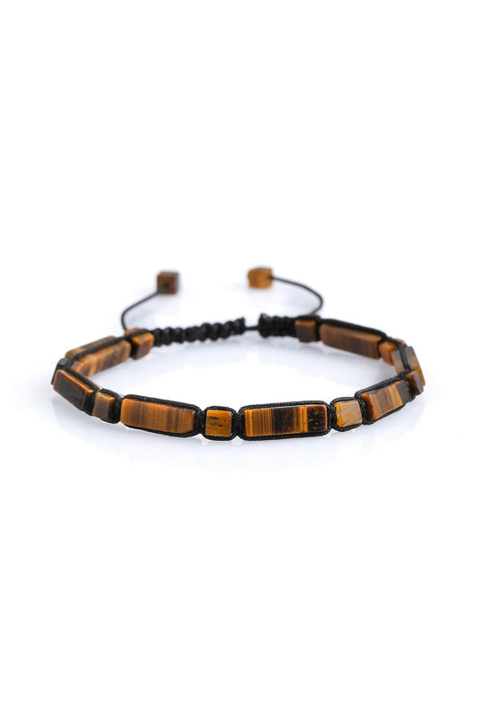 A sleek, adjustable bracelet featuring rectangular tiger eye stones with a rich golden-brown hue and natural banding patterns, strung on black cord.