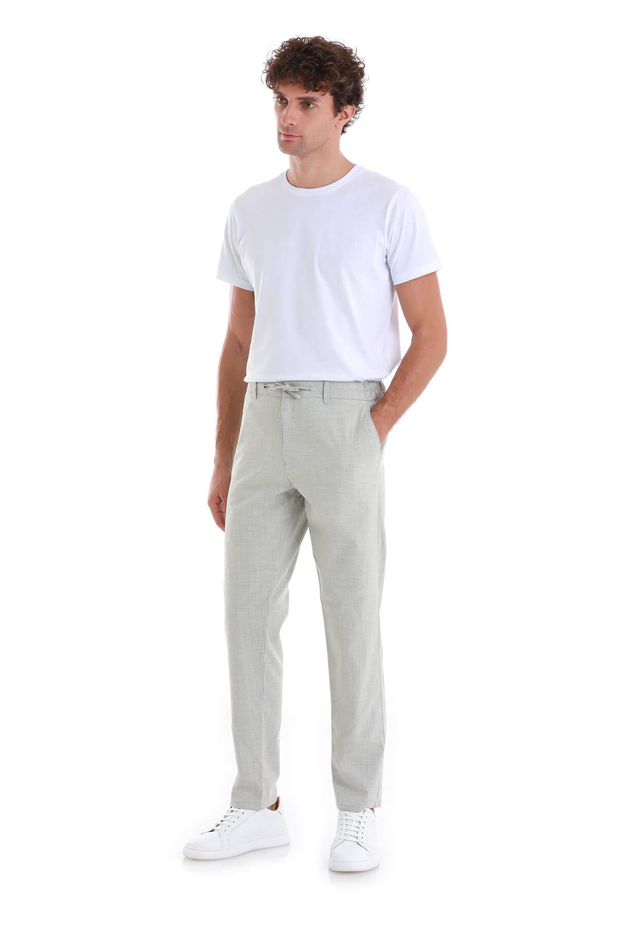 Light gray, slim-fit chino trousers with a drawstring waistband.
