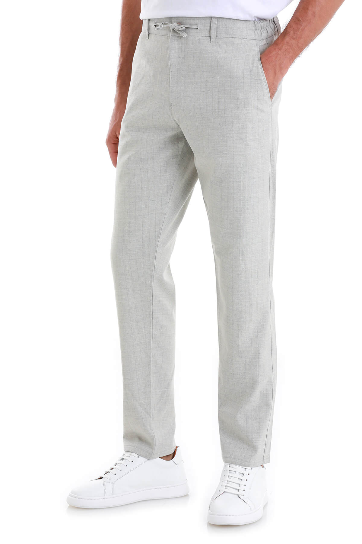 Light gray, slim-fit chino trousers with a drawstring waistband.