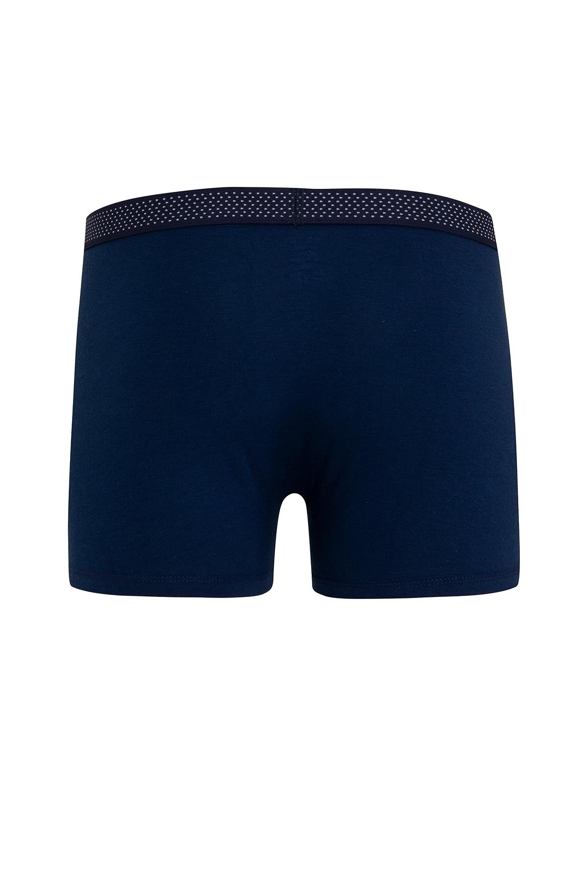 Navy blue boxer briefs with a subtle dotted pattern along the waistband.