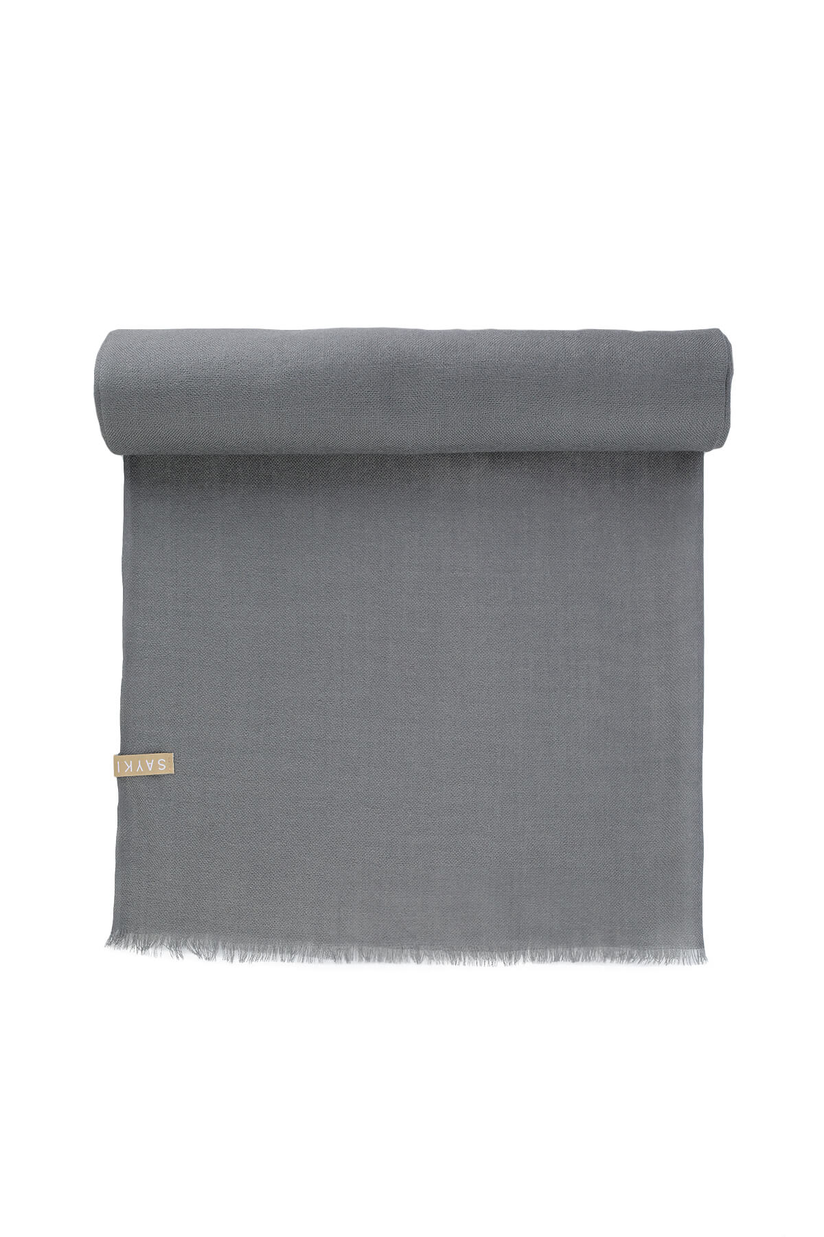 A soft, solid gray cashmere scarf with a subtle textured weave and fringed edges.