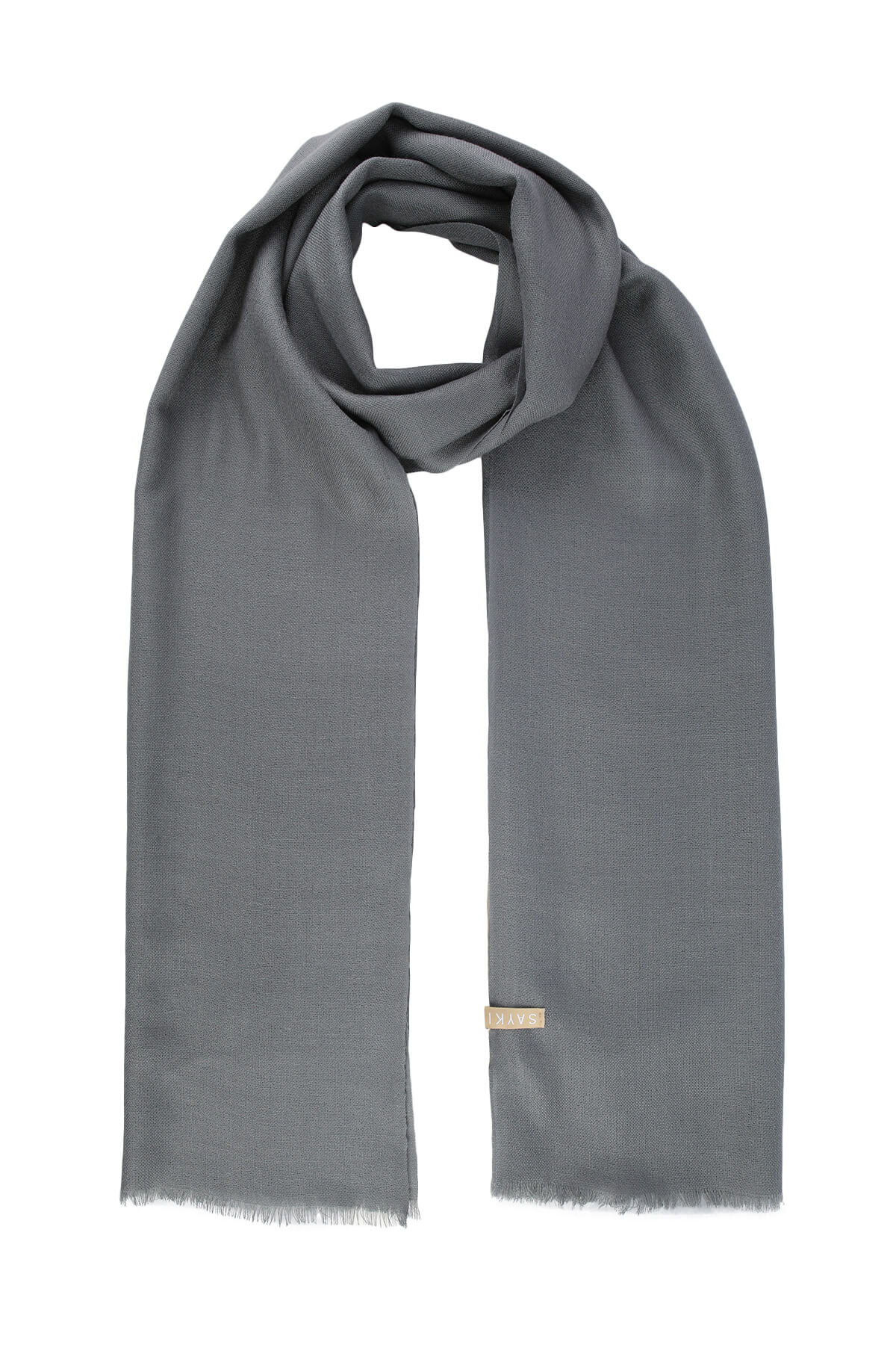 A sleek, solid gray scarf with a soft, textured weave and gently frayed edges.