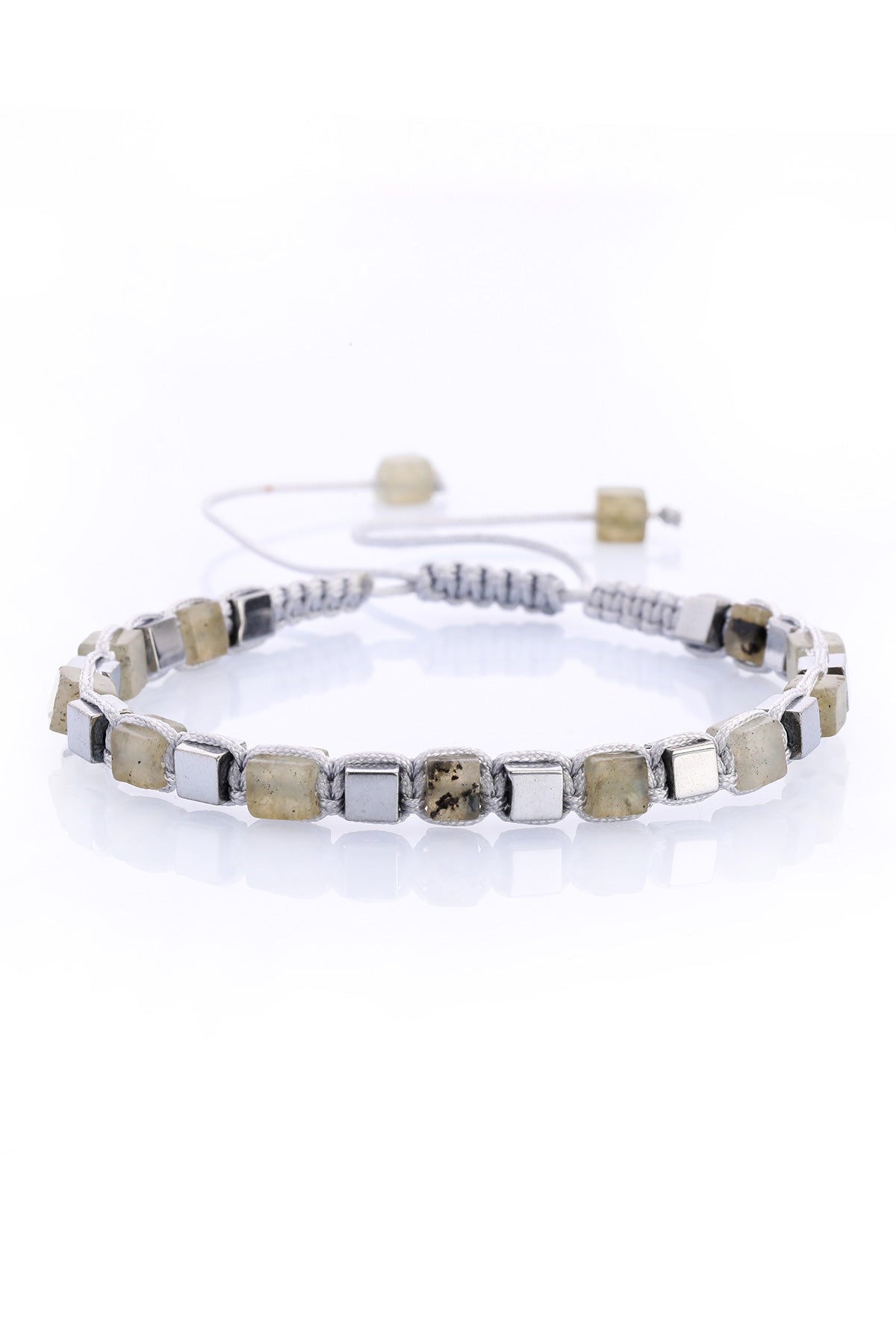 Silver and beige square stone bracelet with adjustable cord closure.