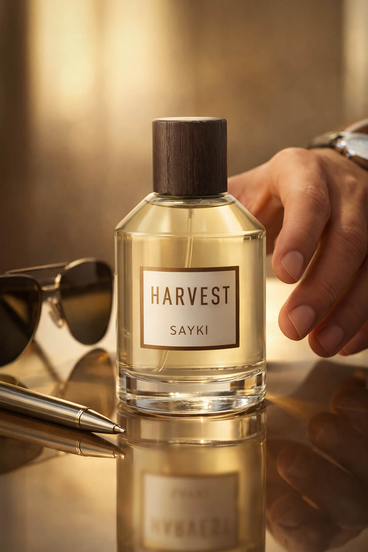A clear glass bottle of sayki harvest men’s eau de parfum 100 ml with dark wooden cap and gold-foiled label