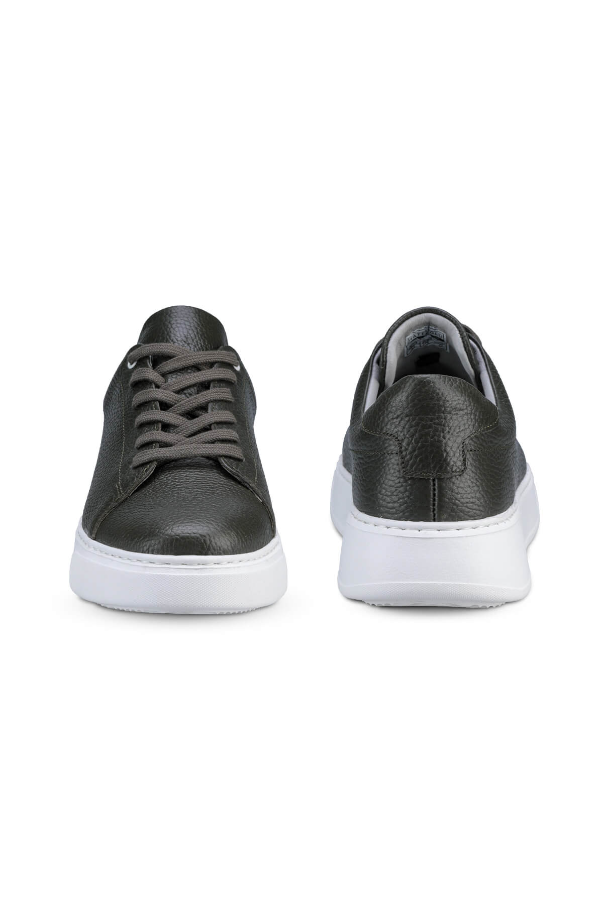 Black leather sneakers with a white rubber sole and matching laces.