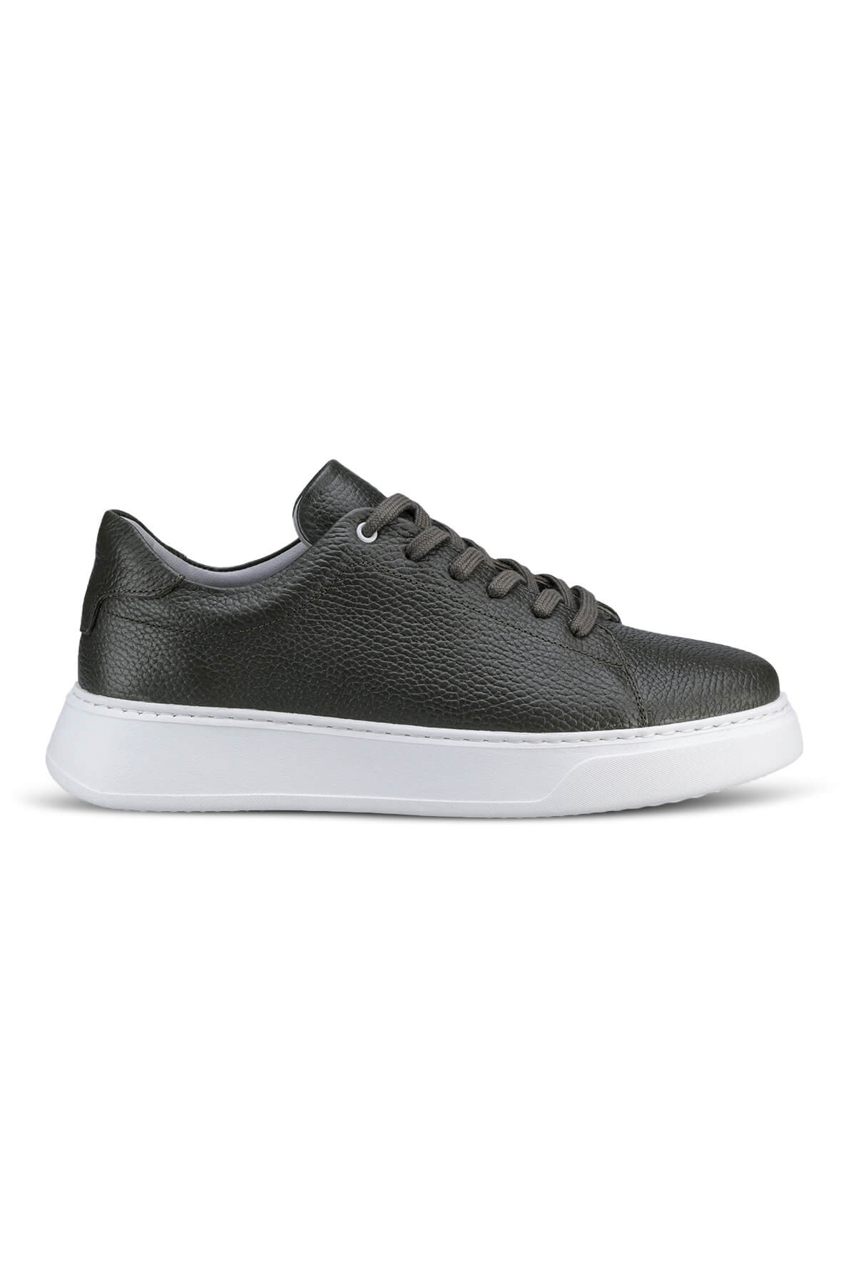 Black pebbled leather low-top sneaker with a white rubber sole and matching laces.