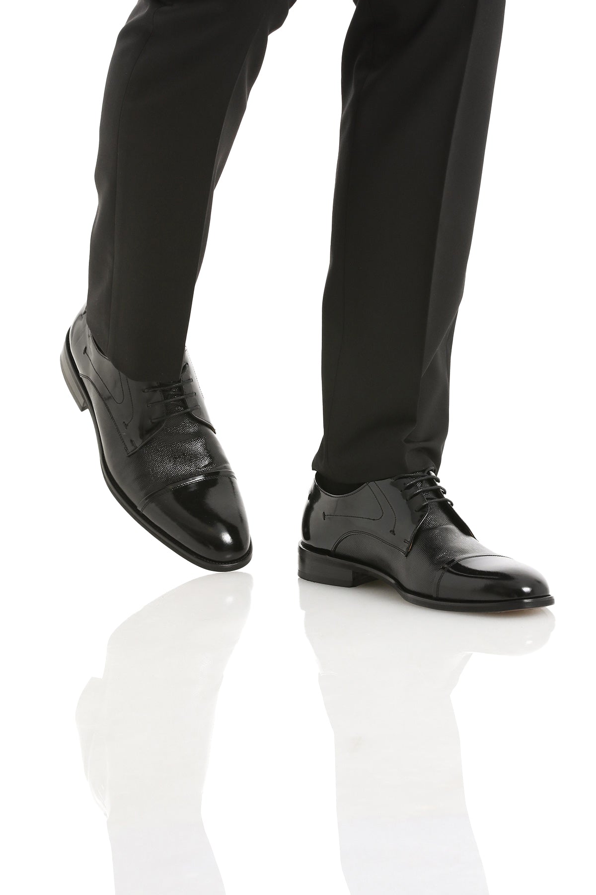Lace Up 100% Leather Black Patent Derby Tuxedo Shoes - SAYKI