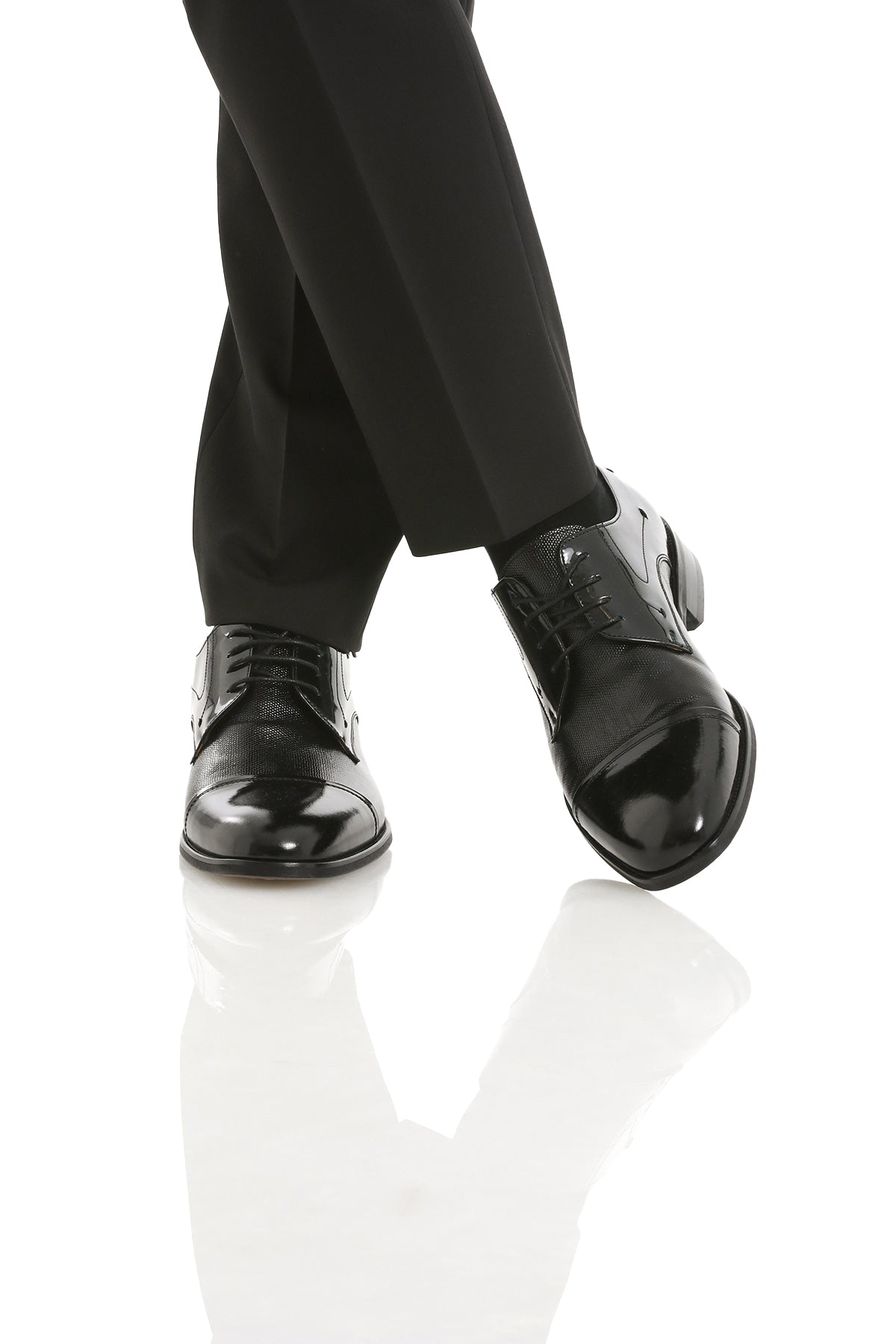 Lace Up 100% Leather Black Patent Derby Tuxedo Shoes - SAYKI