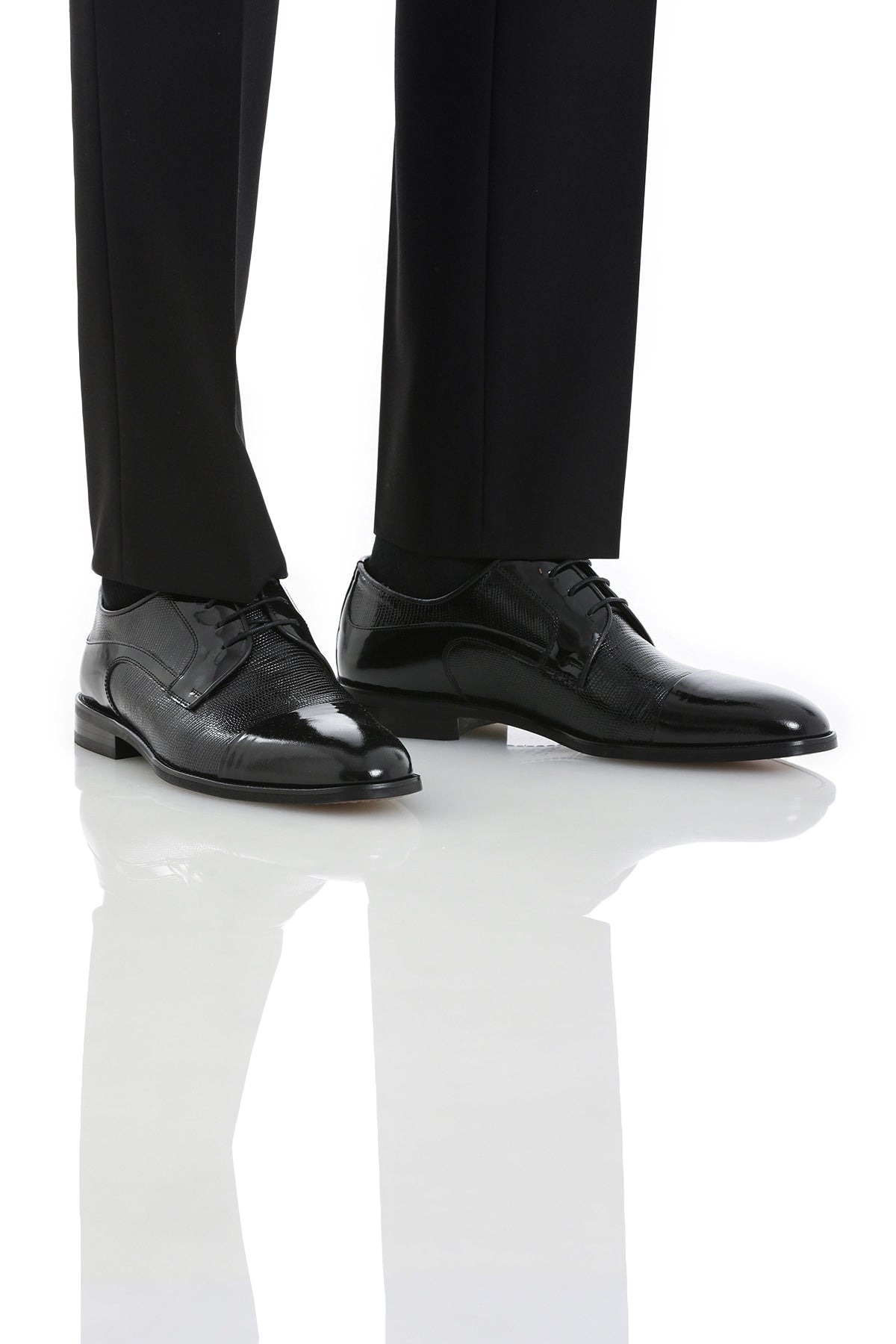 Lace Up 100% Leather Black Patent Tuxedo Shoes - SAYKI