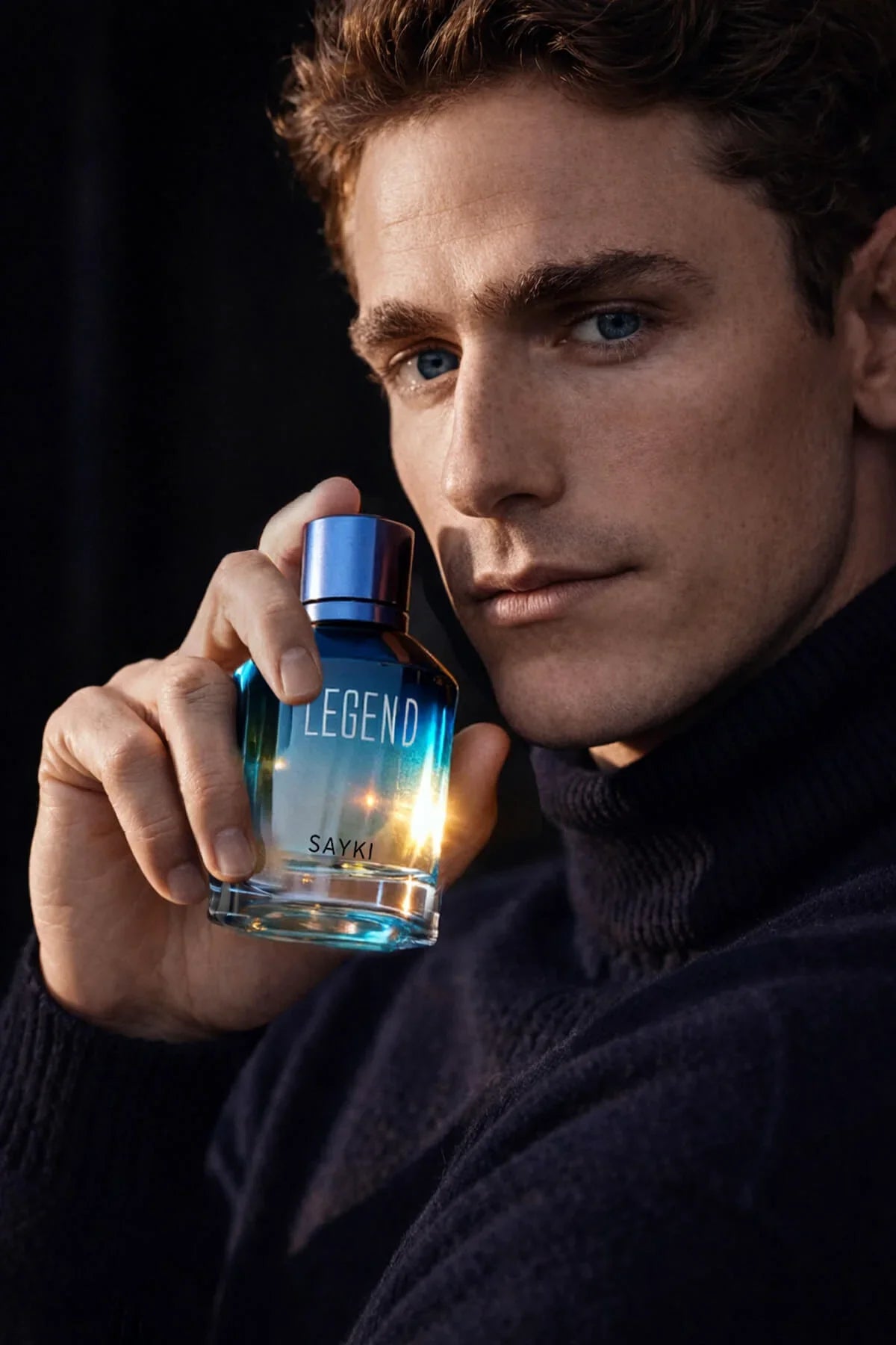 A sleek transparent blue glass bottle with a silver cap embossed legend for legend men’s eau de parfum 100 ml