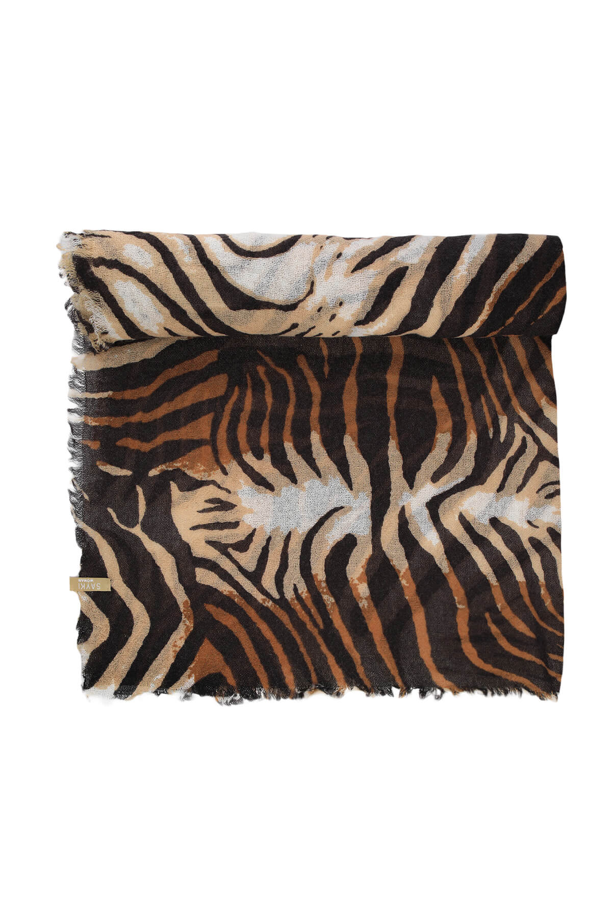 A soft, fringed scarf featuring a bold zebra and tiger stripe pattern in black, tan, and shimmering silver.