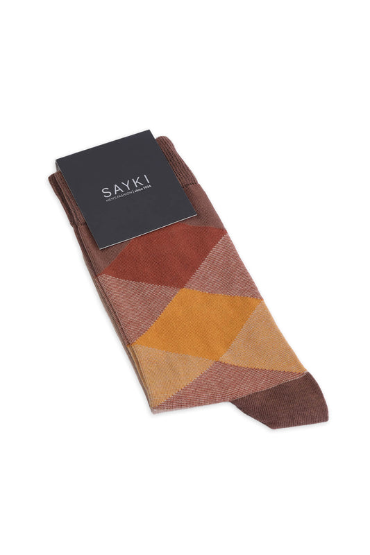 Light Brown Diamond Pattern Socket Cotton Socks - SAYKI
