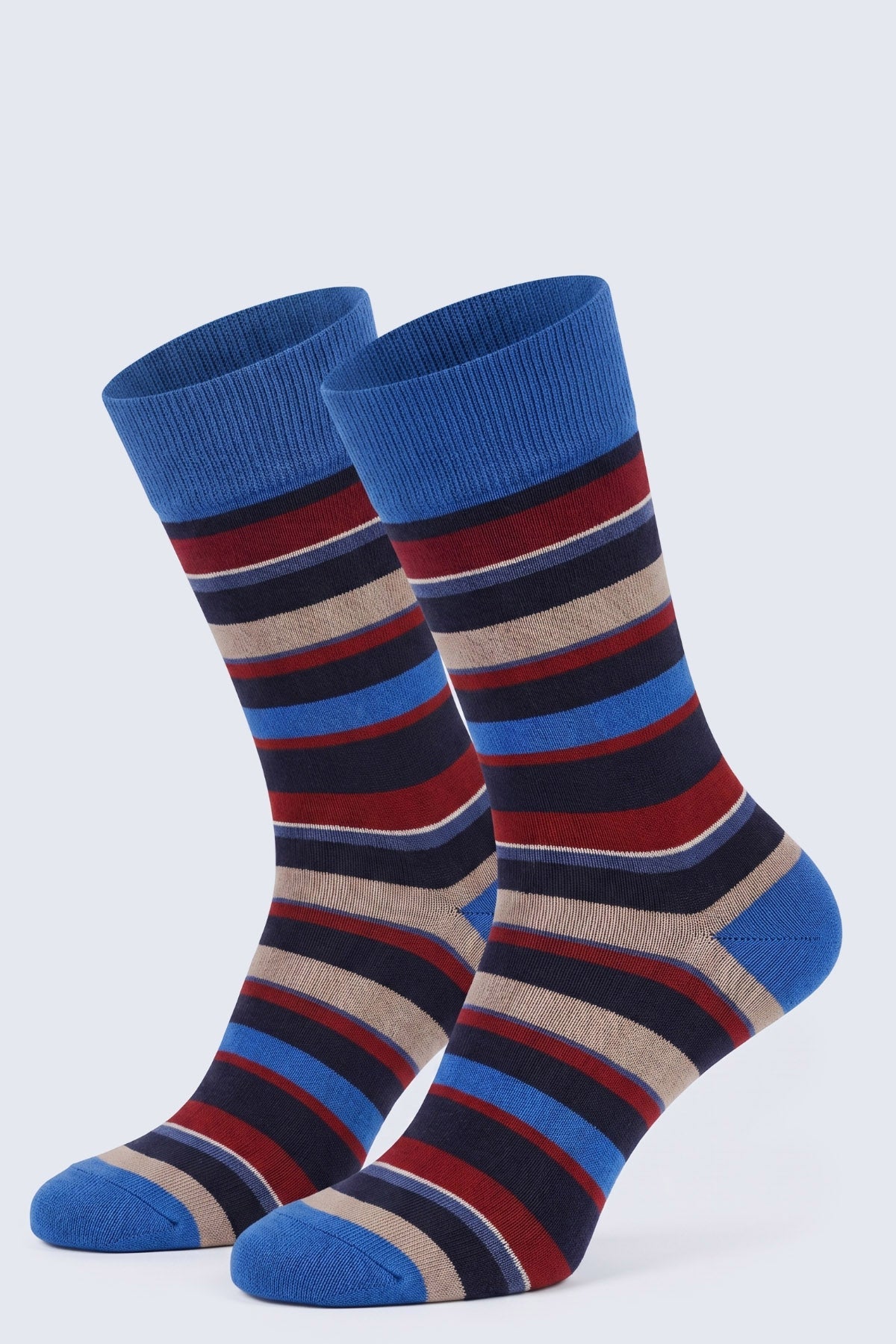Light navy socket cotton socks with blue red and beige stripes ribbed cuff and toe for comfortable wear