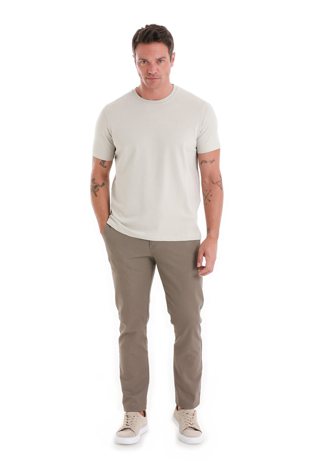 Linen Tone Regular Fit Cotton Blend Crewneck T-Shirt - SAYKI