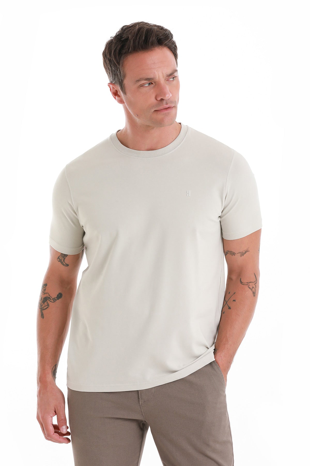 Linen Tone Regular Fit Cotton Blend Crewneck T-Shirt - SAYKI