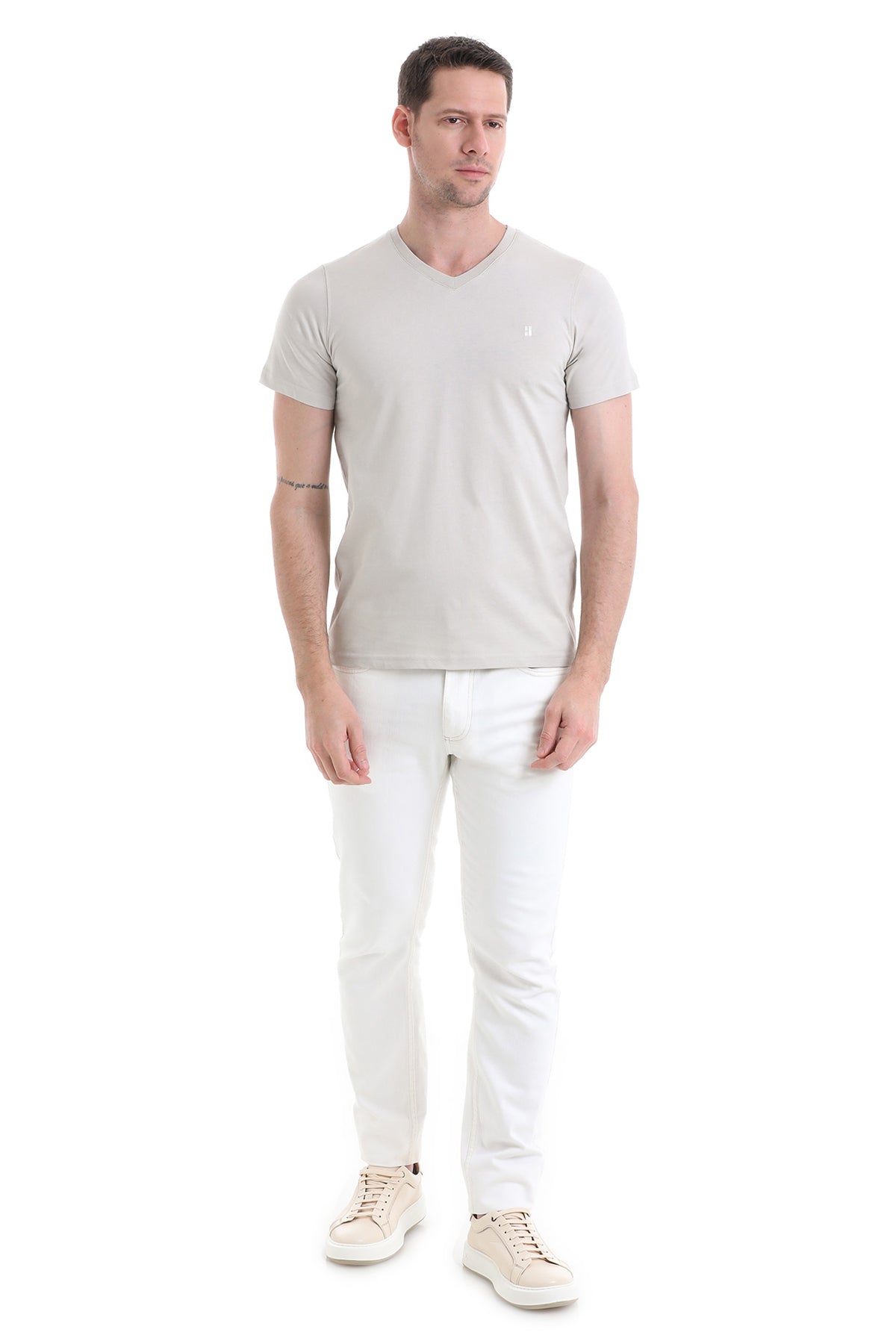 Linen Tone Slim Fit Cotton V-Neck T-Shirt - SAYKI