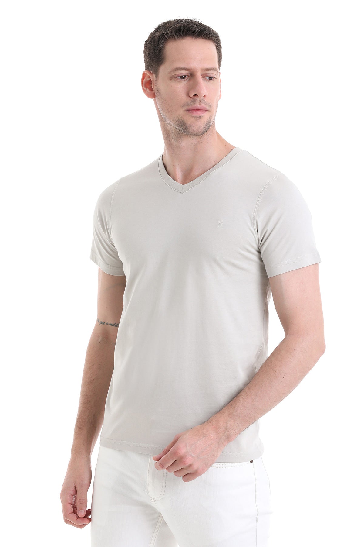 Linen Tone Slim Fit Cotton V-Neck T-Shirt - SAYKI