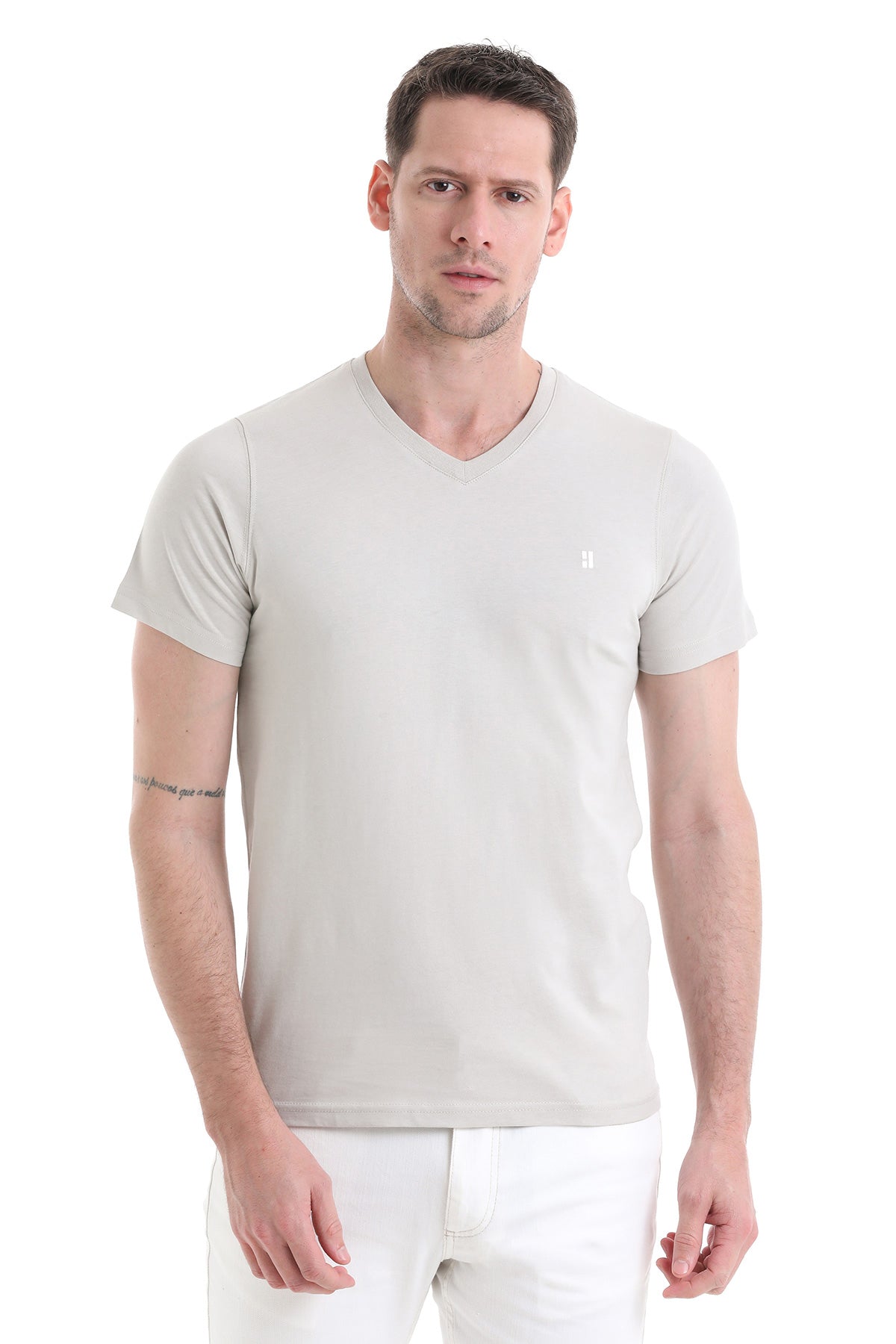 Linen Tone Slim Fit Cotton V-Neck T-Shirt - SAYKI