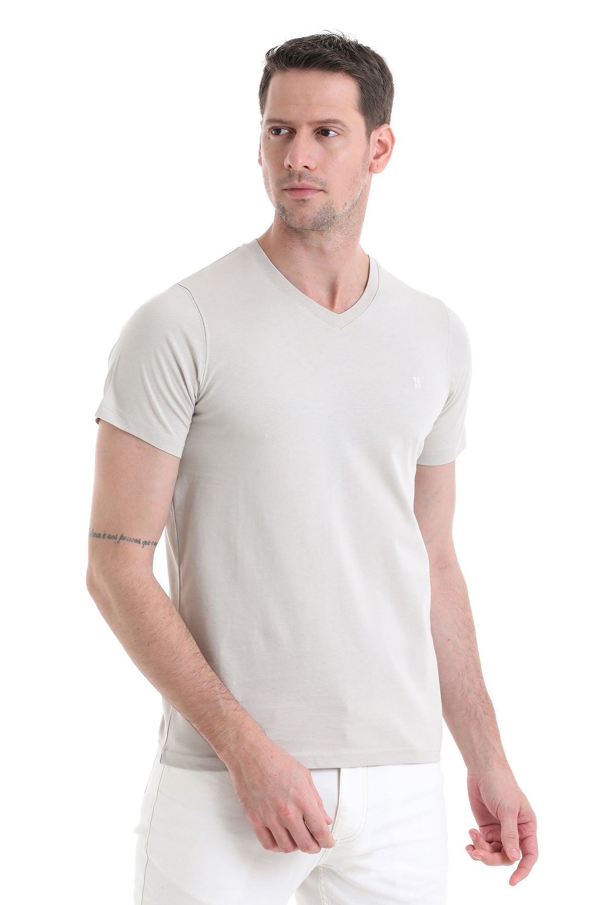 Linen Tone Slim Fit Cotton V-Neck T-Shirt - SAYKI
