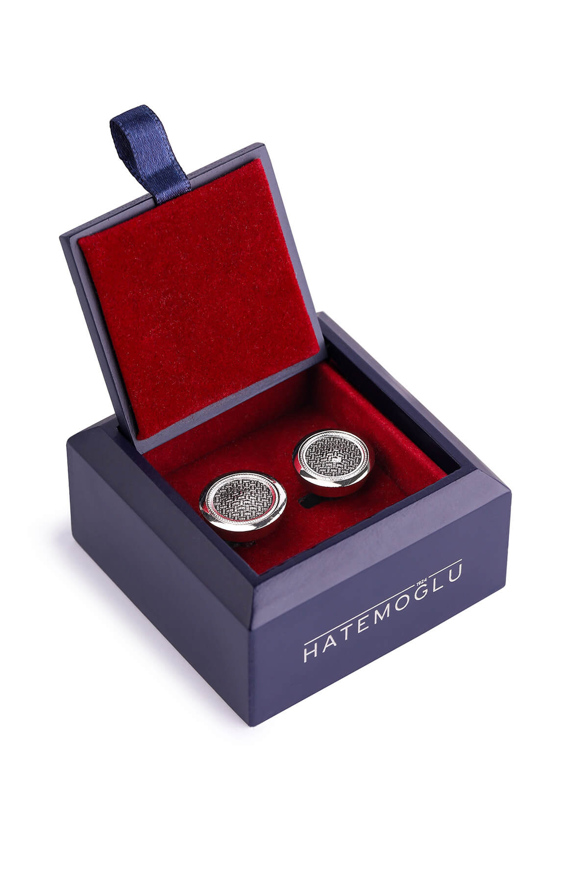 Silver-toned cufflinks with a textured, woven pattern in the center.