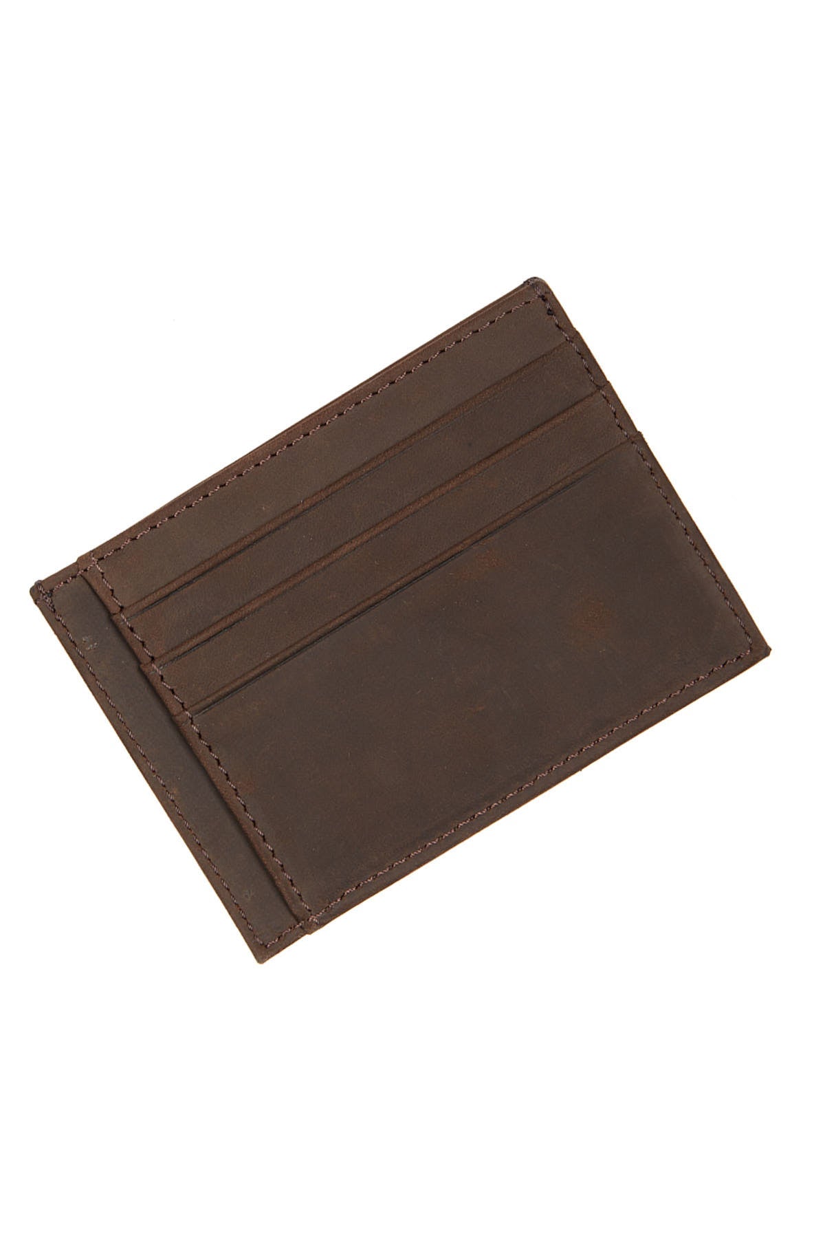 Brown leather card holder with visible stitching along the edges.