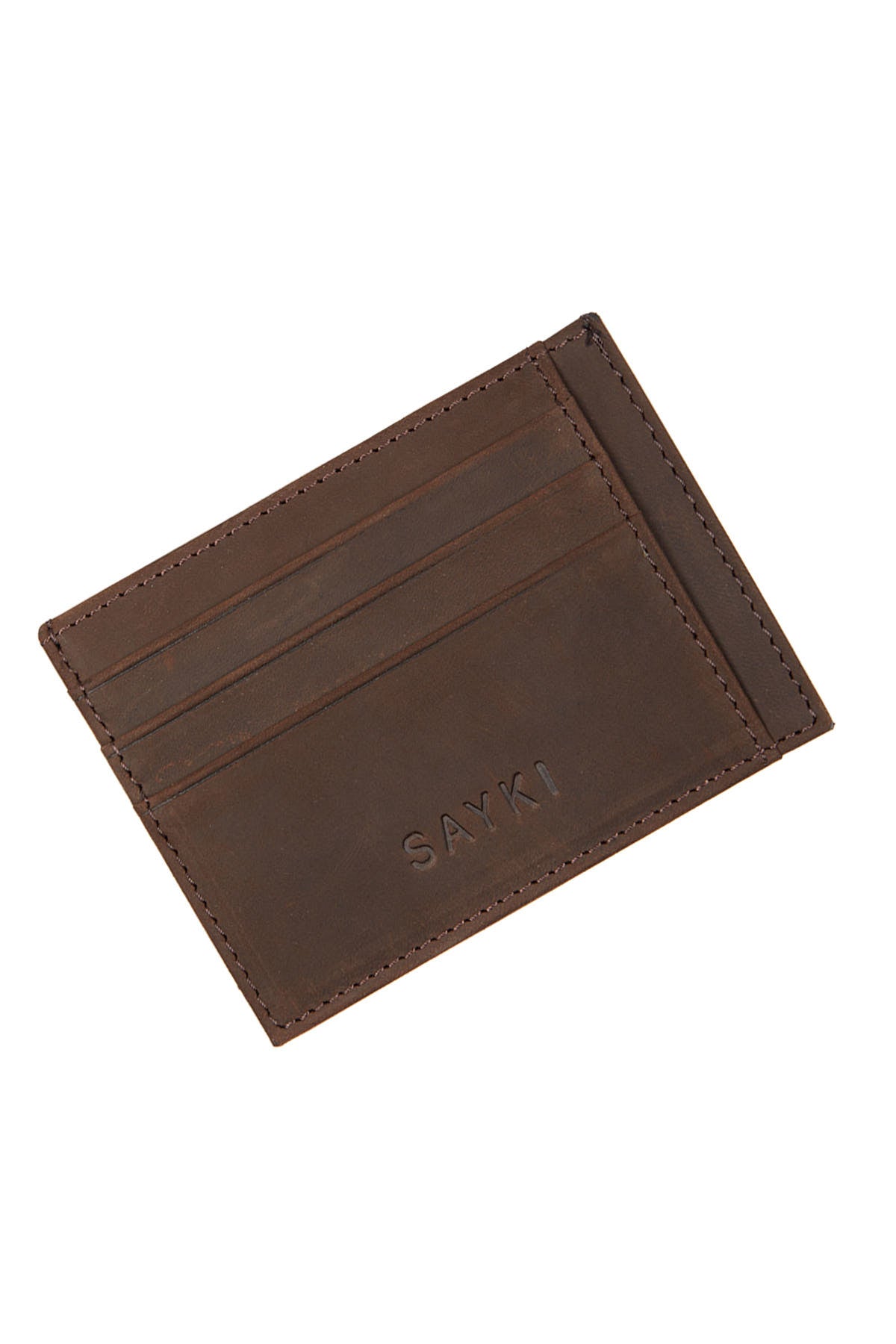 Brown leather sayki card holder with stitched edges and multiple slots.