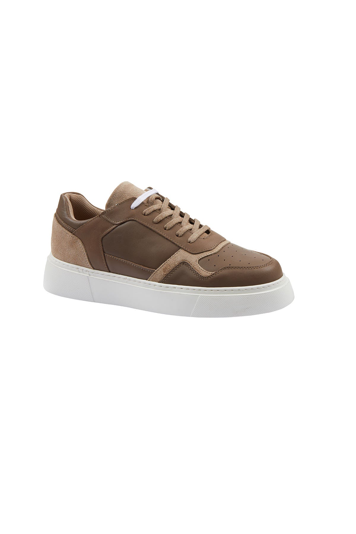Brown suede and leather low-top sneaker with white rubber sole.