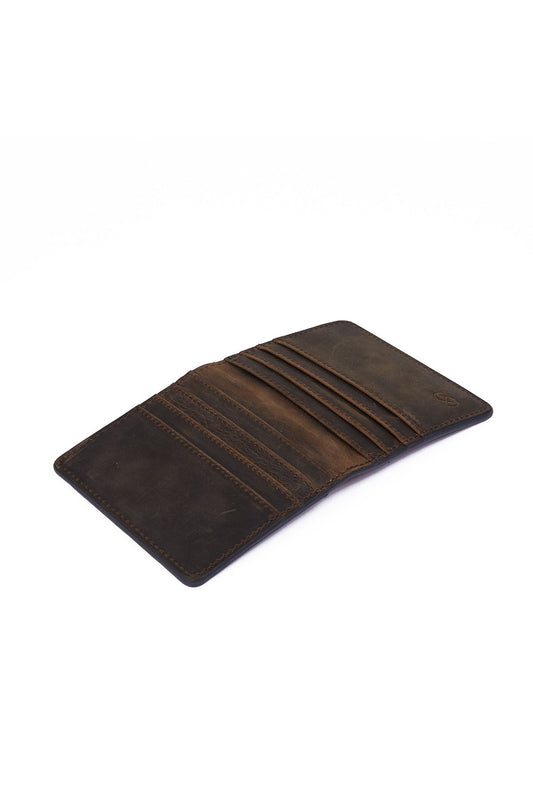 Dark brown leather wallet with multiple card slots and a subtle embossed logo on the corner.