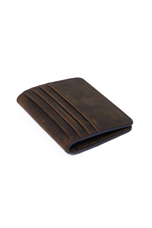 Dark brown leather wallet with visible stitching and a subtle logo on the corner.