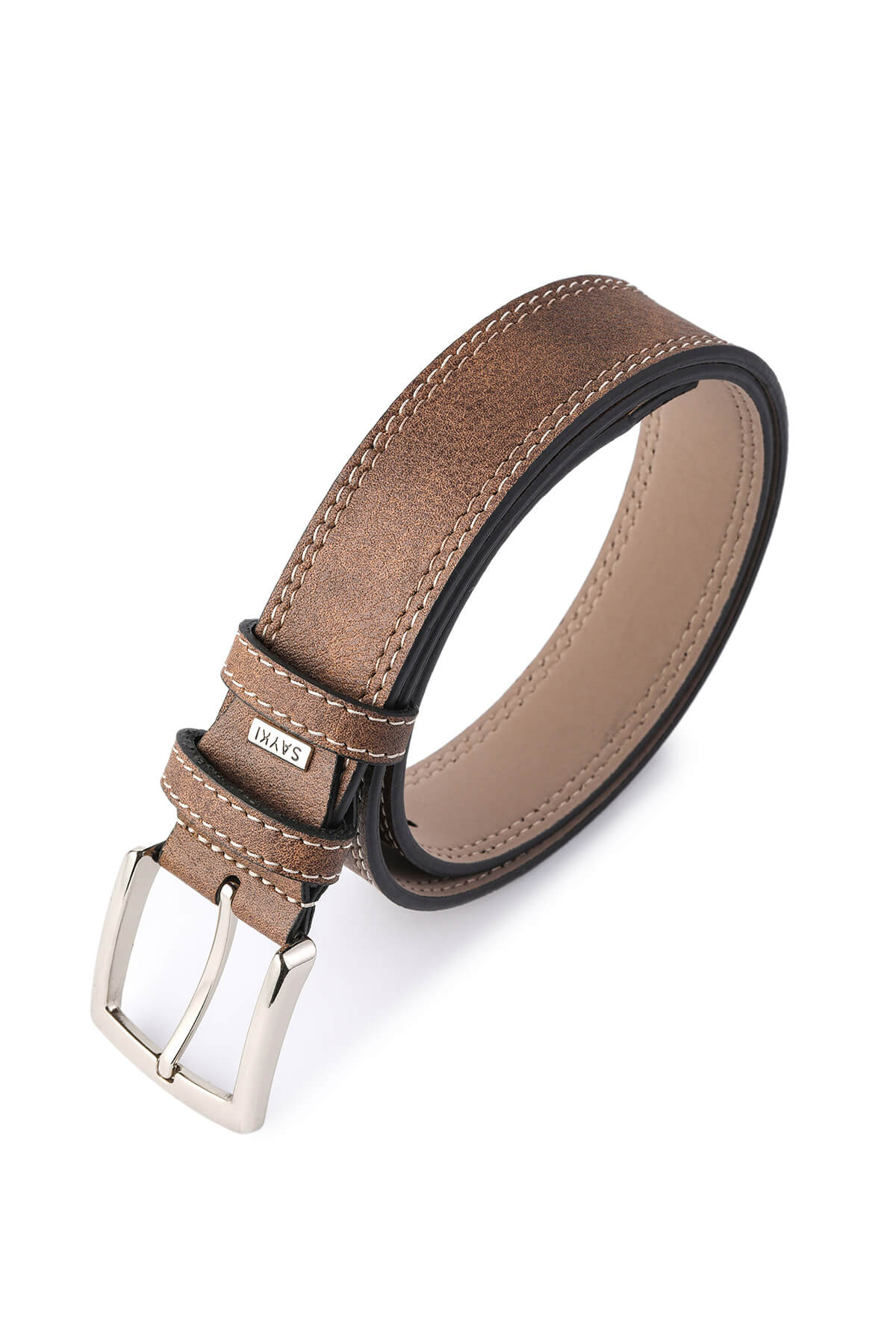Brown leather belt with a silver buckle and black stitching.