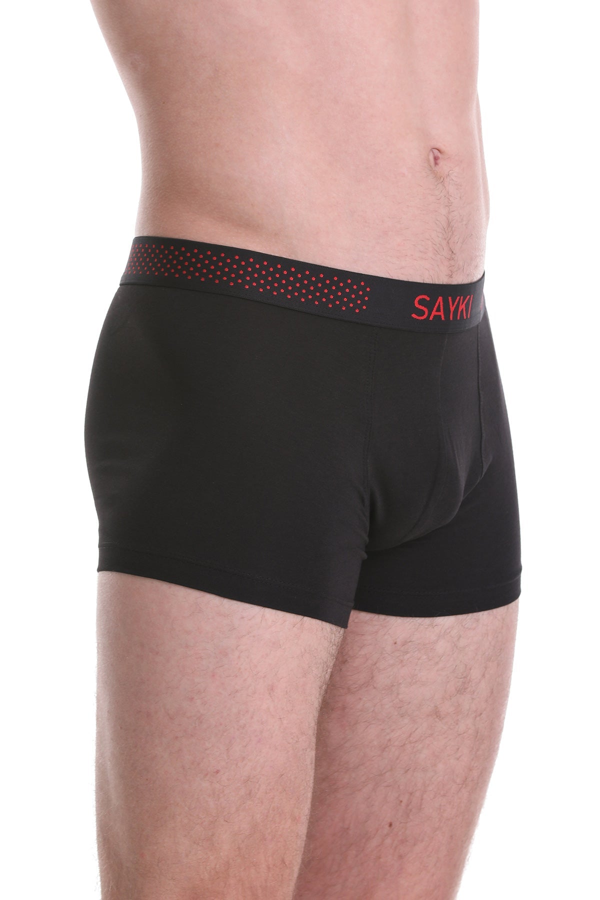 Black men’s boxer briefs with a red dotted waistband featuring the ’savy’ brand name in matching red lettering.