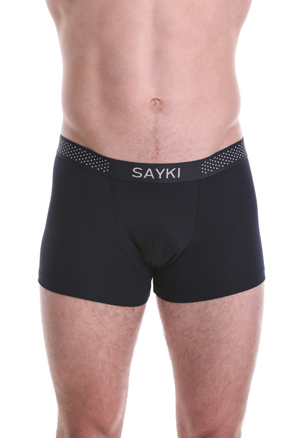 Black sayki boxer briefs with a patterned waistband.